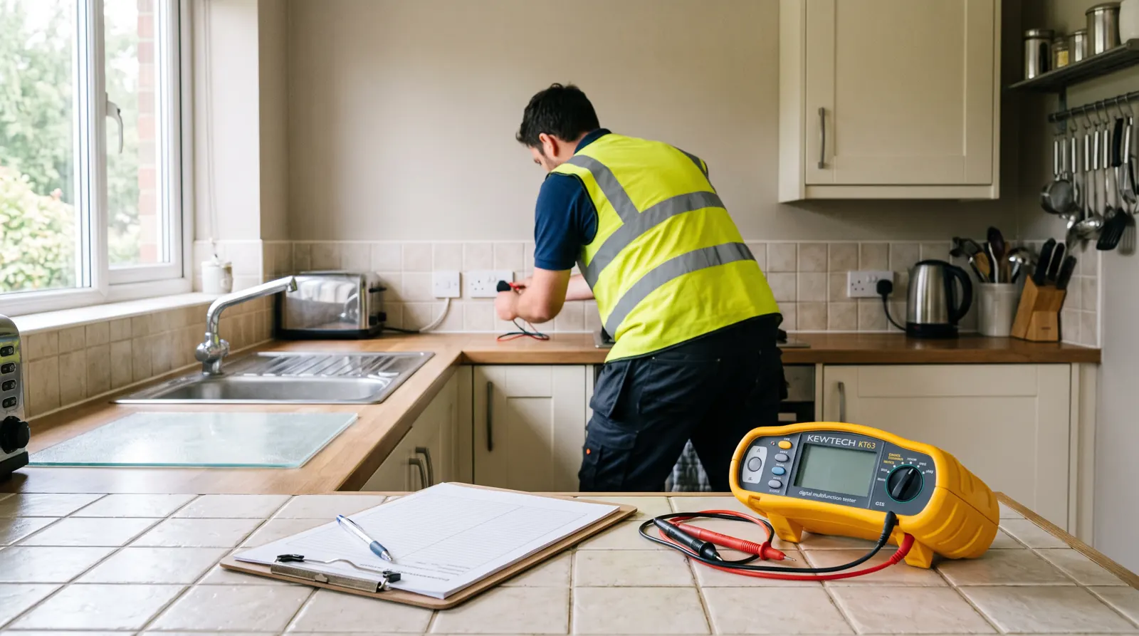 Electrician carrying out inspection and testing in a kitchen